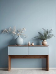 minimalist composition of living room interior with copy space, Powder Blue desk, stylish vase