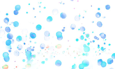 Transparent blue circle bokeh lense flare light. Drops of water bubbles on a glass. Blue party confetti isolated on white background. Grunge splatter of color of wet paint droplets.