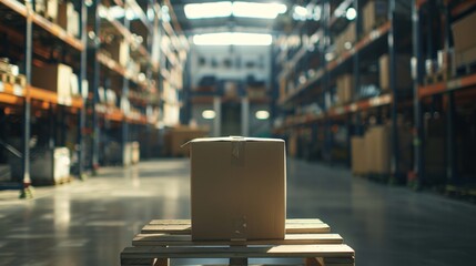 Obraz premium Close-up of a single cardboard box on a pallet in a warehouse setting, shelves in the background, advertising focus, well-lit studio setup