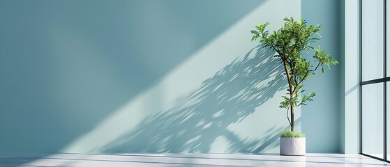 Stunning minimalist home interior design, a pale green wall with tree saplings  and large text space on the wall for advertising, Generative AI.
