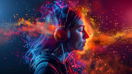 Woman Listening to Music with Vibrant Colors
