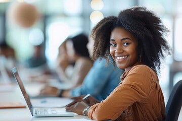 Young woman sitting at a table with a laptop and smiling while her team works in the background, looking over her shoulder. 