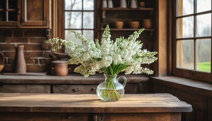 Rustic Kitchen Table with White Flowers: Serene Still Life for Product Display