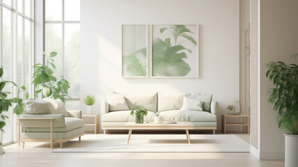 Modern minimal style living room in white and green colors