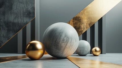 Geometric sculpture with golden and silver spheres