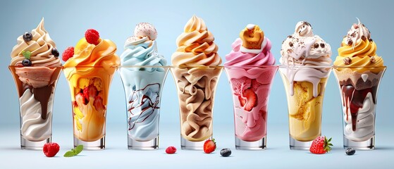 Selection of cutout frozen desserts sundaes in tulip glass cups with a blue backdrop an ad theme, Generative AI.