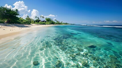 Obraz premium Breathtaking Tropical Beachscape with Turquoise Waters and Swaying Palm Trees