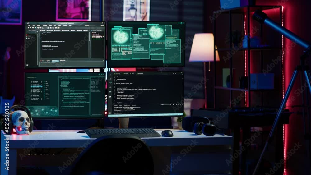 Poster panning shot of high tech computer system running malicious code in empty apartment. pc monitors in 