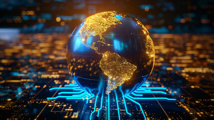 Neon blue and gold globe, world economic and financial concept