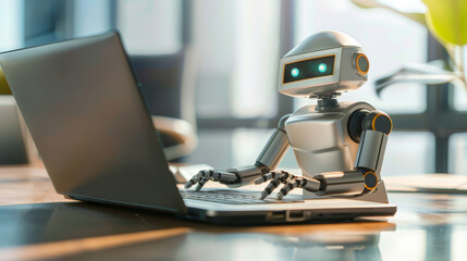AI assistance robot working on a laptop computer, artificial intelligence technology concept