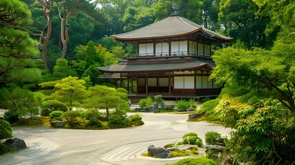 Tranquil Japanese Temple Garden with Silver Pavilion and Sand Designs