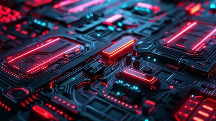 Fototapeta premium Futuristic circuit board with glowing red and blue lights and intricate electronic components