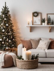 minimalist Ever-Changing Neutral Domestic and cozy christmas living room interior with corduroy sofa