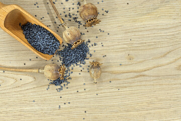 Poppy seeds and several dried poppy seed pods on wooden table