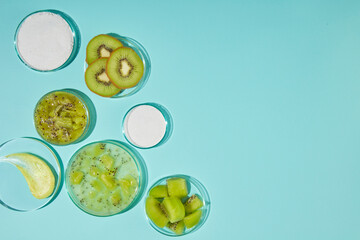 Photography of kiwi theme with blank space on the right side for showing product about exfoliation. Kiwi body scrub helps deeply nourish and care for the skin, making it smooth and bright