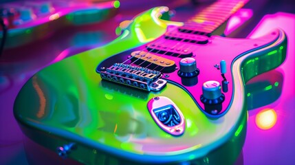 A vibrant, neon green electric guitar with a matching headstock, its eye-catching color and modern design standing out in any setting.