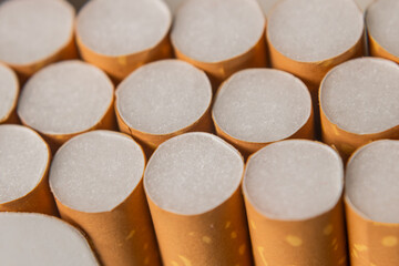 Cigarette pack with several cigarettes in the foreground.