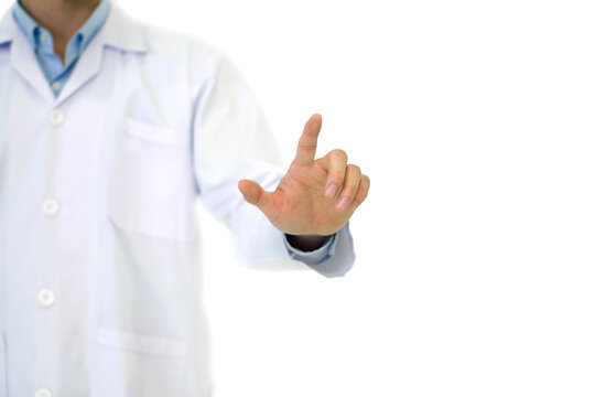 A Doctor In A White Lab Coat  Pointing Finger Toward With His Hand. Portrait On White Background, Studio Shot.