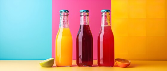 Clear glass bottles mock-up of various fruit juices isolated on a solid backdrop with ample area for advertising material, Generative AI.