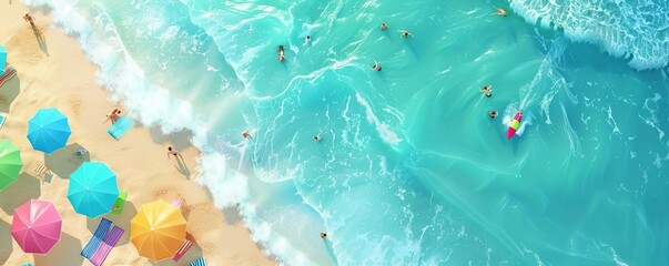 Illustrate a summer weekend at the beach with families and friends setting up colorful umbrellas and blankets