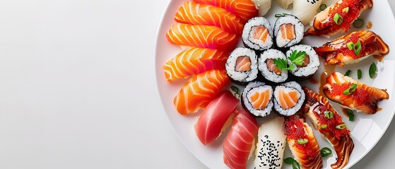 Image of mouthwatering sushi presented on a white circular dish, closely above set against a white background with advertising copy space, Generative AI.