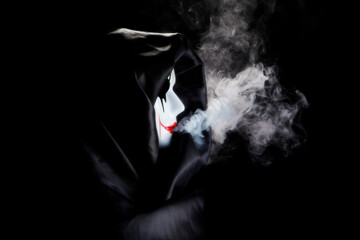 Black silk cloak and hand painted mask with smoke effects with unique patterns and designs