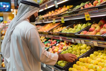 Saudi Gulf Arab man wearing a shemagh and white traditional dress, selecting the best types of pear fruit in the basket, in the supermarket background.