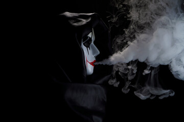 Black silk cloak and hand painted mask with smoke effects with unique patterns and designs