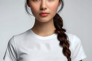 Fototapeta premium Women's White Short Sleeve Round Neck T-Shirt Mockup It is a useful tool for clothing designers to help visualize T-shirts before actual production Save time and money and makes it easier to decide.