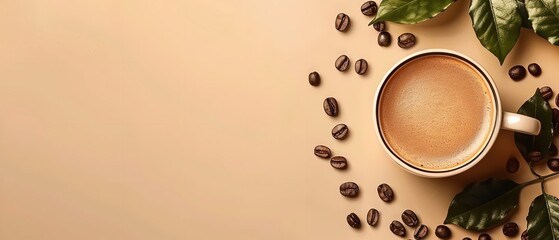 Black coffee backdrop with plenty of room for advertising, topped with a black coffee cup and coffee beans isolated on beige color backdrop, Generative AI.