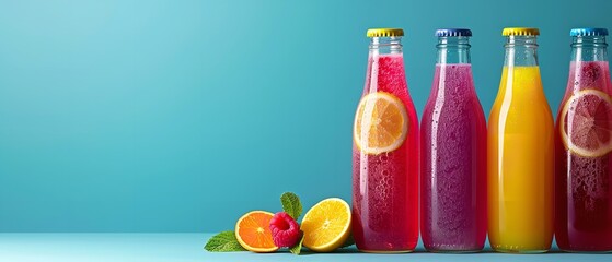 Clear glass bottles mock-up of various fruit juices isolated on a solid backdrop with ample area for advertising material, Generative AI.