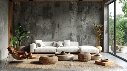 Scandinavian interior design of modern living room, home. White sofa and wooden lounge chair against concrete wall.