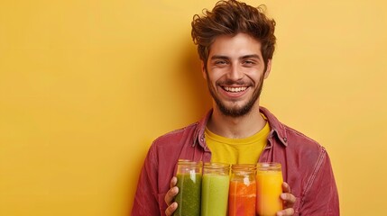 A happy and carefree man in casual attire is holding a fruit juice, vegetable smoothie, and detox diet isolated on a solid yellow backdrop with ample of space for any text, Generative AI.