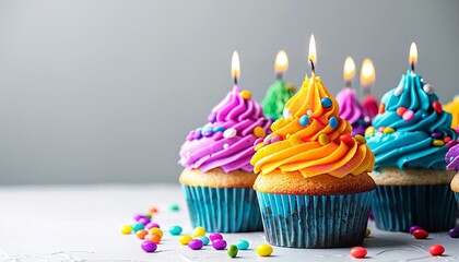 Delicious birthday cupcakes in vibrant colours with candles, set on white backdrop with space for ad, Generative AI.