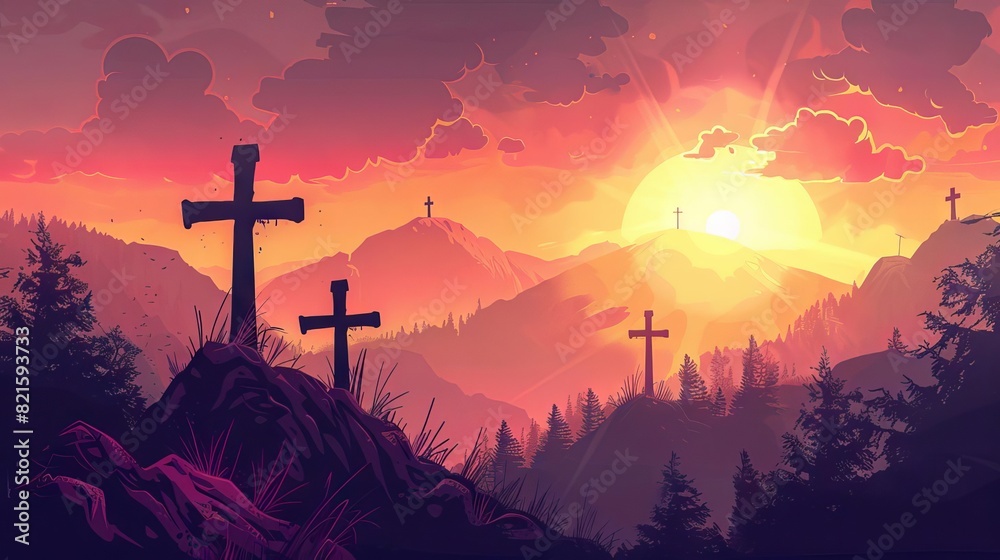 Wall mural three crosses on mountaintop at sunrise silhouette landscape illustration