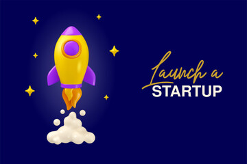Rocket launch vector 3d banner on dark background. Cartoon space ship illustration, startup or innovation concept. Creative business boost idea