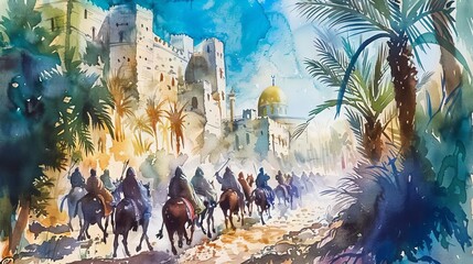 Naklejka premium triumphant entry of jesus christ into jerusalem on palm sunday watercolor biblical illustration