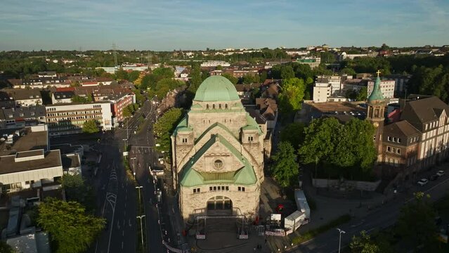 Aerial drone view of Alte Synagoge in Essen , Germany . The Old Synagogue in Essen is one of the largest, best preserved and architecturally most impressive testimonies to Jewish culture .
