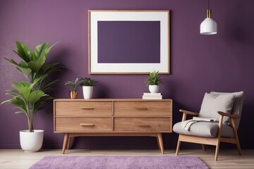 living room with wooden vintage commode, furniture, lamp, plant, carpet, pillows, blank poster frame, purple wall