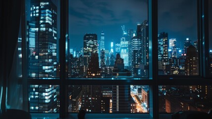 low-angle shot out a window overlooking modern cityscape at night