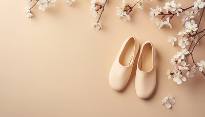 Chic feminine footwear motif, blossom adorned springtime footwear banner for ladies set against a pale yellow background with text area, Generative AI.
