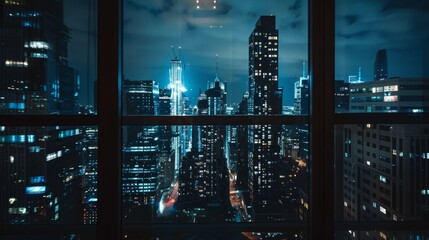 low-angle shot out a window overlooking modern cityscape at night