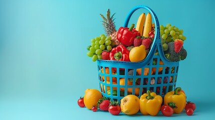 Veggies and groceries in a shopping cart with space for an advertisement against a blue backdrop, Generative AI.