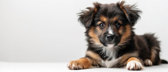 Studio portrait of a Bernese Mountain Dog looking at camera against a white backdrop with advertising type space, Generative AI.
