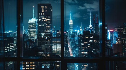 low-angle shot out a window overlooking modern cityscape at night