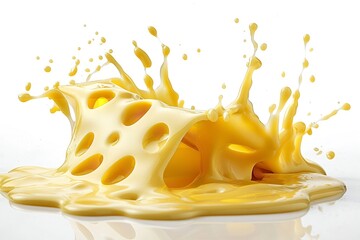 Cutout and splash of yellow melting cheese isolated on a white backdrop with advertisement writing space, Generative AI.