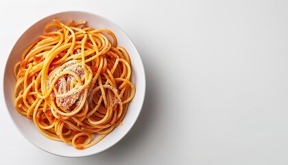 An illustration of vegan cuisine with text space features a top view of spaghetti with tomato sauce on a porcelain dish isolated on a white background or table, Generative AI.