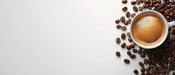 Black coffee backdrop with plenty of room for advertising, topped with a black coffee cup and coffee beans isolated on a white backdrop, Generative AI.