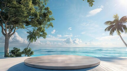wooden podium on tropical beach with blue sky and trees summer vacation concept 3d rendering