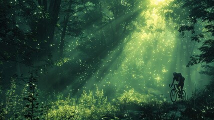 Obraz premium Reverse silhouette of a cyclist on a nature trail, promoting eco-friendly transportation